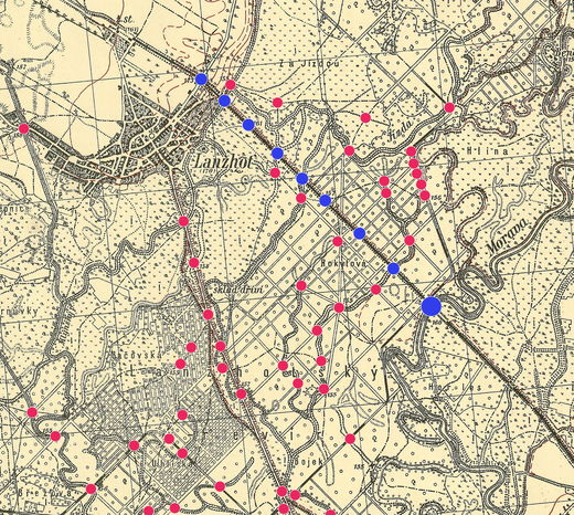 Výřez mapy se situací mezi Lanžhotem a řekou Moravou